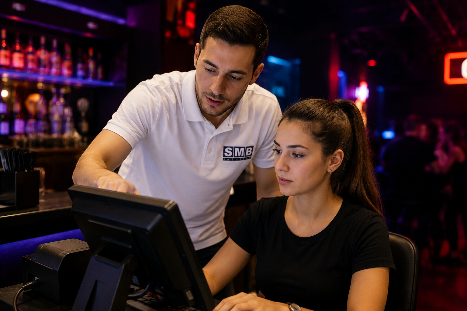 Consultor SMB Solution treinando operador no caixa de um restaurante
