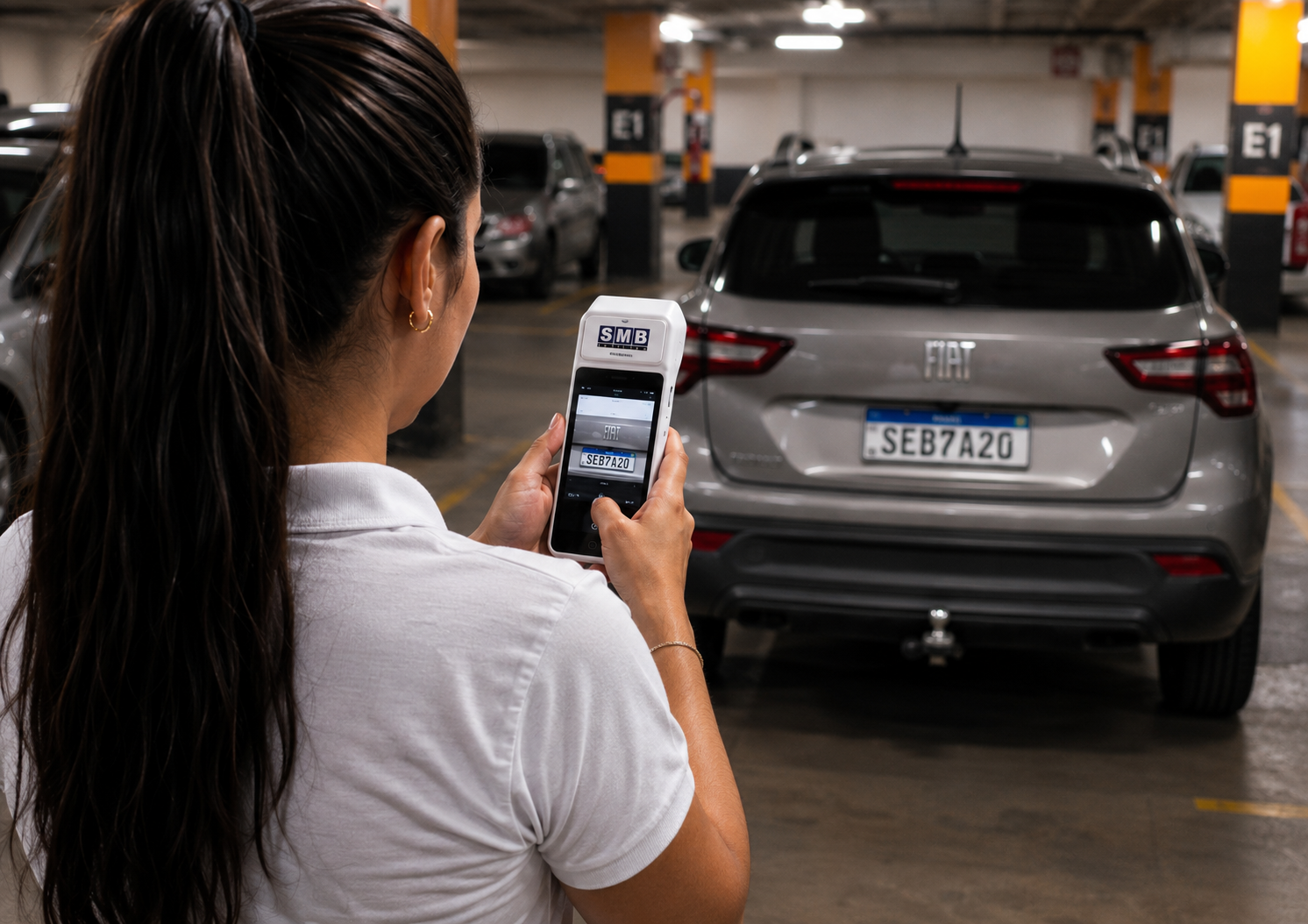 Operadora usando maquininha SMB Empresa para registrar entrada de estacionamento