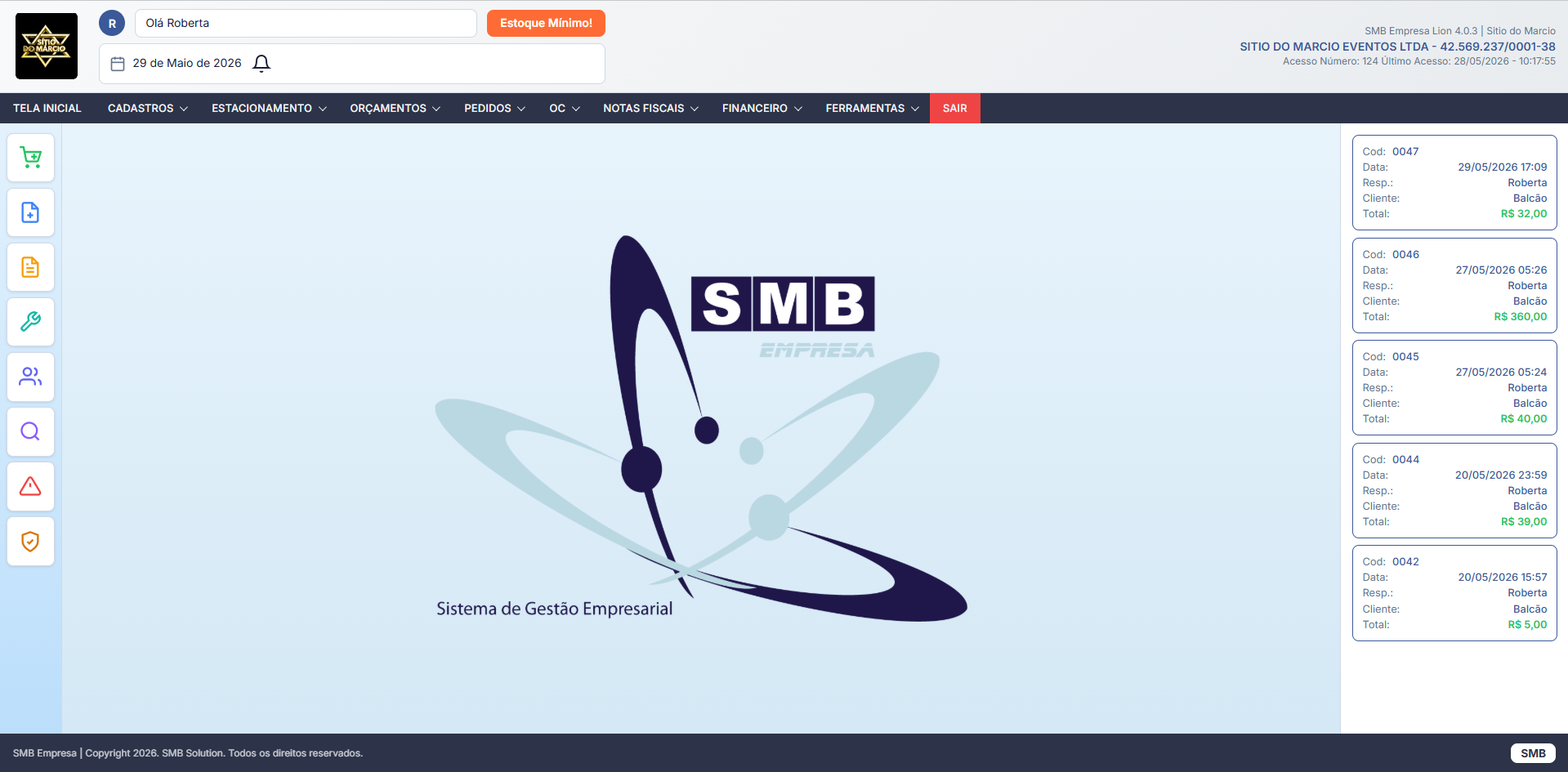 Tela web do SMB Empresa com painel de vendas