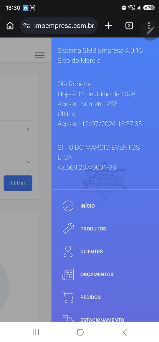 Menu lateral do SMB Empresa no celular