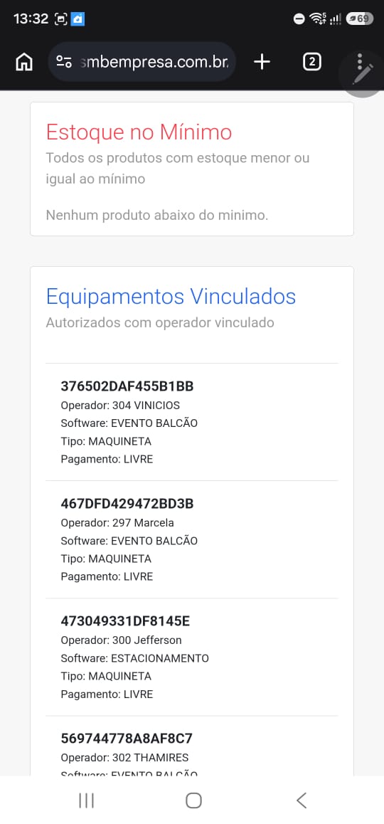 Equipamentos vinculados no celular