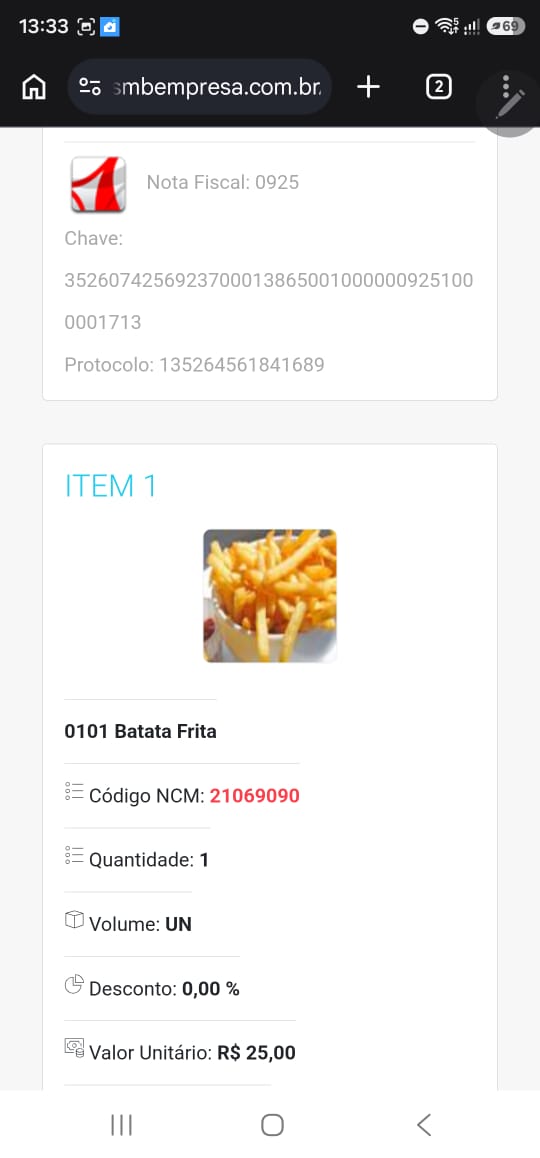 Detalhe fiscal do pedido no celular
