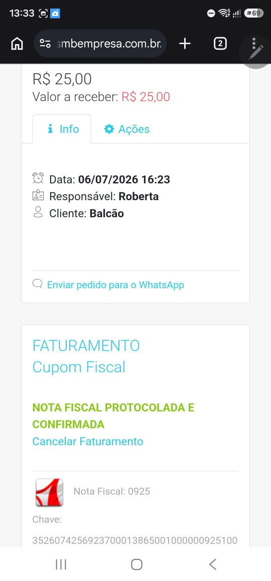Pedido com envio por WhatsApp no celular